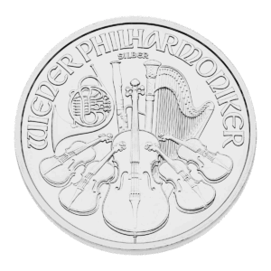 La moneta d'argento della Filarmonica di Vienna reca la scritta WIENER PHILHARMONIKER e raffigura strumenti orchestrali come arpa, violino, violoncello, fagotto e corno francese.