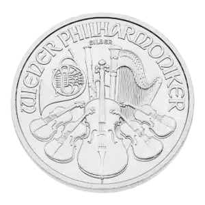 La moneda de plata de la Filarmónica de Viena muestra la inscripción "WIENER PHILHARMONIKER" e imágenes detalladas de instrumentos orquestales como un arpa, un violonchelo, violines, un fagot y una trompa.