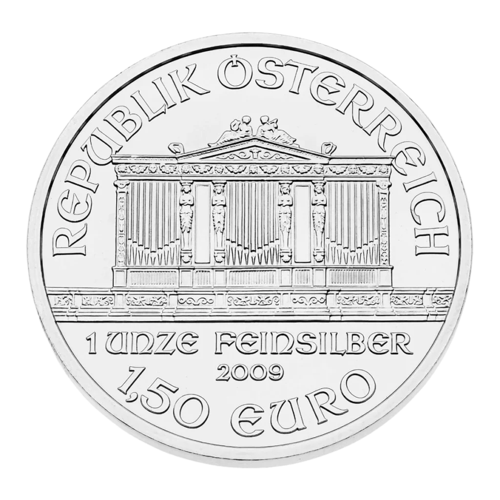 The Silver Vienna Philharmonic coin displays the Vienna Philharmonic organ and is inscribed with "Republik Österreich," "1 Unze Feinsilber," "2009," and "1,50 Euro.