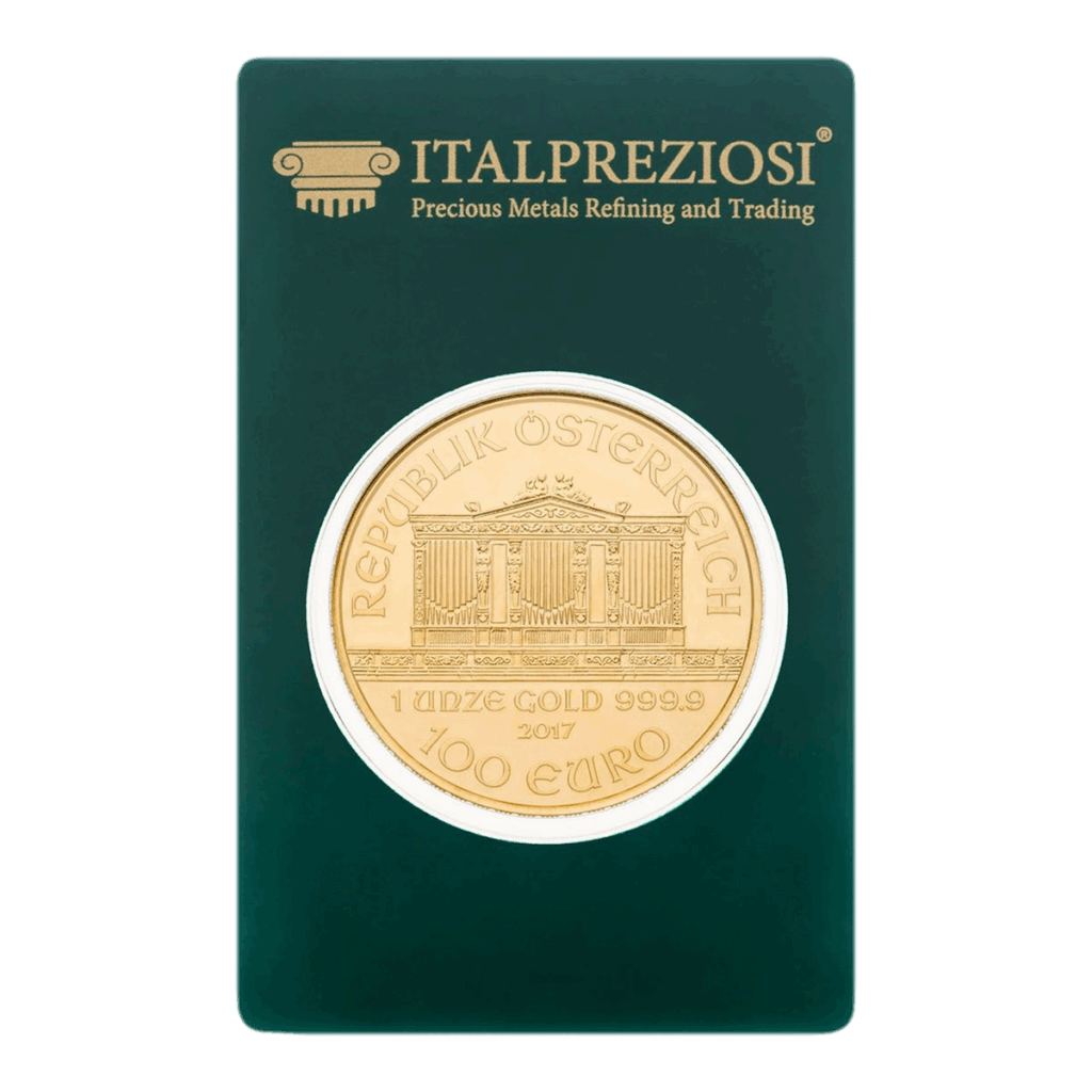 Una moneta d'oro della Filarmonica di Vienna con la scritta REPUBLIK ÖSTERREICH e 1 UNZE GOLD 999.9 100 EURO 2017 è esposta in una confezione verde Italpreziosi con la dicitura Precious Metals Refining and Trading.