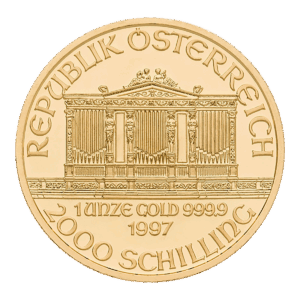 La moneta d'oro della Filarmonica di Vienna mostra l'edificio della Filarmonica di Vienna e presenta le iscrizioni REPUBLIK ÖSTERREICH, 1 UNZE GOLD 999.9, 1997 e 2000 SCHILLING sul fronte.