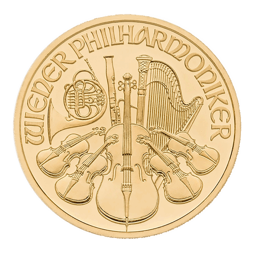 La moneta d'oro della Filarmonica di Vienna presenta strumenti orchestrali - violini, violoncello, arpa, fagotto e corno francese - con l'iscrizione "WIENER PHILHARMONIKER" lungo il bordo superiore.