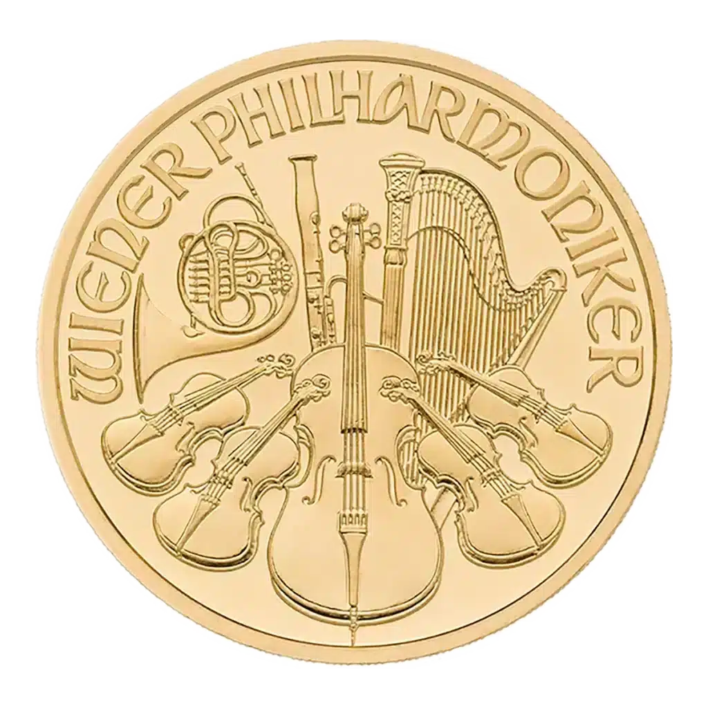 La moneda de oro de la Filarmónica de Viena muestra instrumentos musicales -arpa, violín, violonchelo, fagot y trompa- con la inscripción "WIENER PHILHARMONIKER" encima.