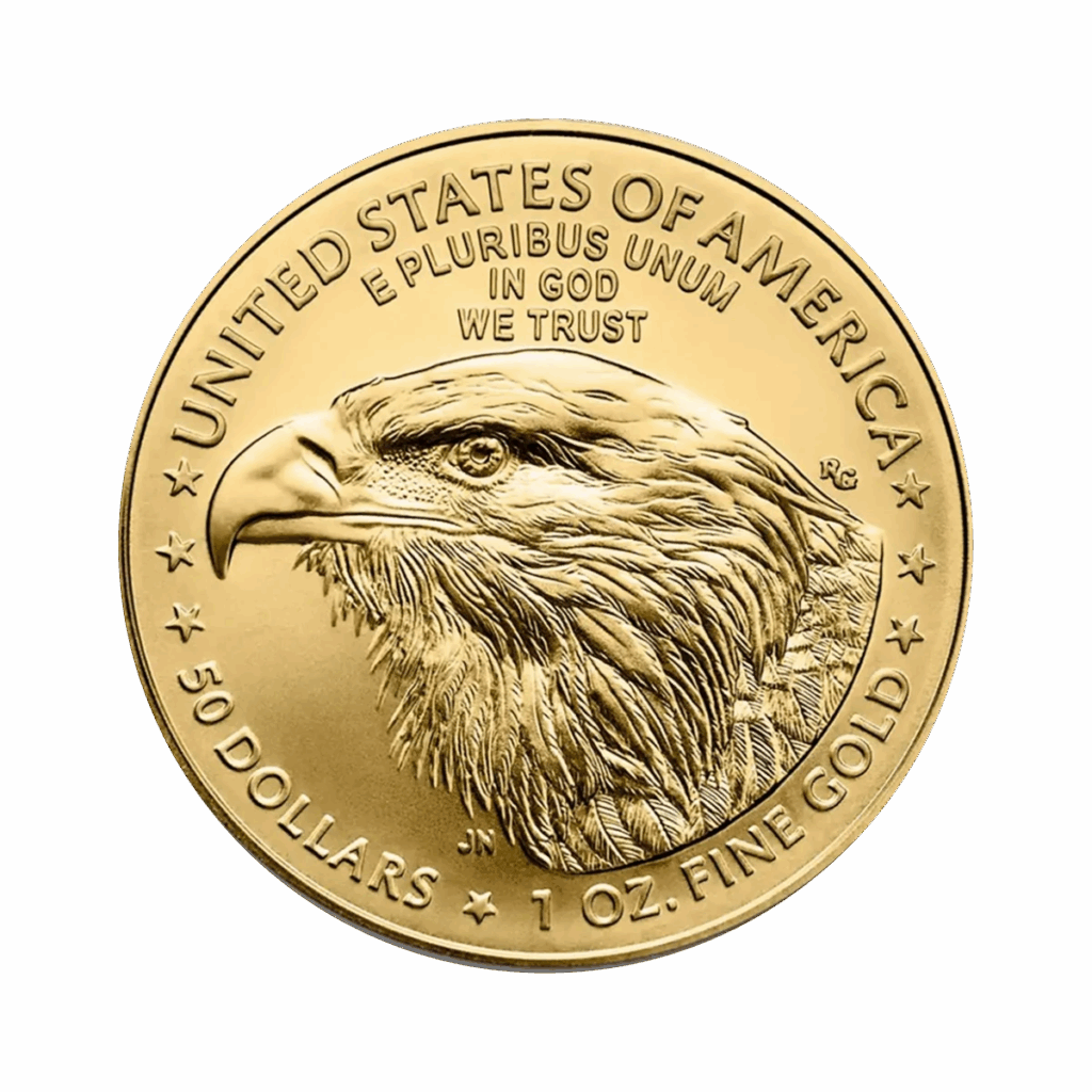 La moneta d'oro American Eagle Oro 2025 da 1 oz presenta una dettagliata testa di aquila calva, circondata da stelle e dalle iscrizioni: United States of America, E Pluribus Unum, In God We Trust, 50 Dollars e 1 oz. Oro fino.