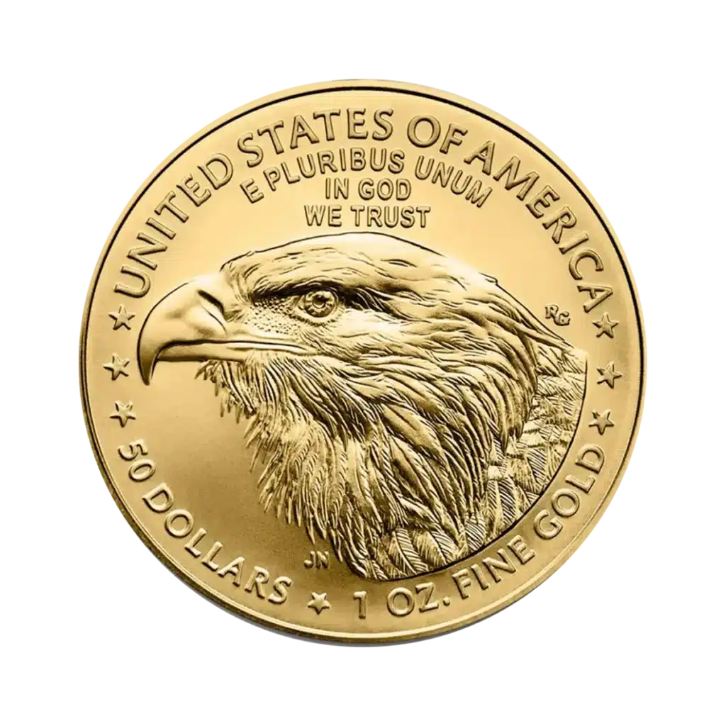 La Águila Americana Oro 2025 de 1 oz es una moneda de oro grabada con la cabeza de un águila calva y la inscripción UNITED STATES OF AMERICA, E PLURIBUS UNUM, IN GOD WE TRUST, 50 DOLLARS, 1 OZ. ORO FINO. Estrellas adornan el borde.