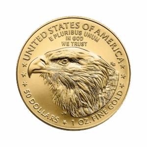 La moneta d'oro American Eagle Oro 2025 da 1 oz presenta una dettagliata testa di aquila calva, circondata da stelle e dalle iscrizioni: United States of America, E Pluribus Unum, In God We Trust, 50 Dollars e 1 oz. Oro fino.