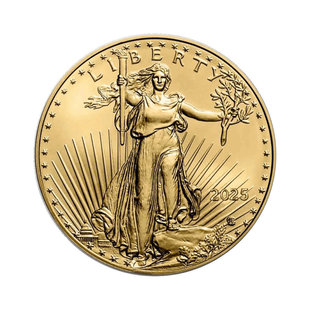 L'American Eagle Oro 2025 da 1 oz presenta Lady Liberty con una torcia e un ramo d'ulivo, circondata da raggi e stelle, la scritta "LIBERTY" in alto e l'anno 2025 sul lato destro.