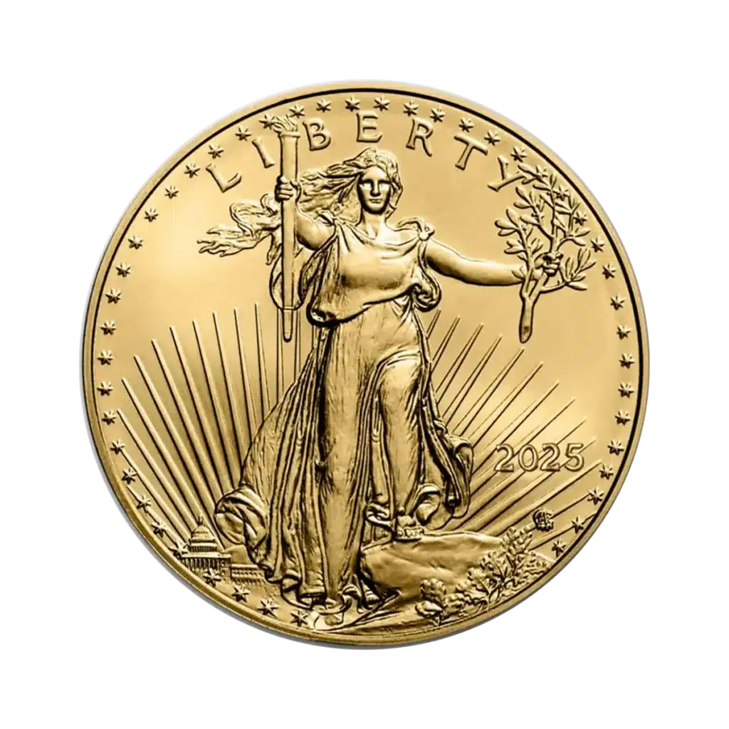 La moneda de 1 oz Águila Americana Oro 2025 muestra una moneda de oro con Lady Liberty sosteniendo una antorcha y una rama de olivo, rayos y estrellas detrás de ella, además de "LIBERTY" y el año 2025 inscrito en la moneda.