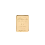 A 2-gram rectangular fine gold bar from Italy, stamped with “ITAL preziosi,” “2g FINE GOLD 999.9,” and a unique serial number below the text, shown against a white background.