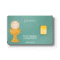 Tarjeta verde de Primera Comunión con cáliz y hostia de oro, texto en español "Felicidades, en tu Primera Comunión", ITALPREZIOSI, y una barra de 2 g de ORO FINO 999,9 incrustada a la derecha.