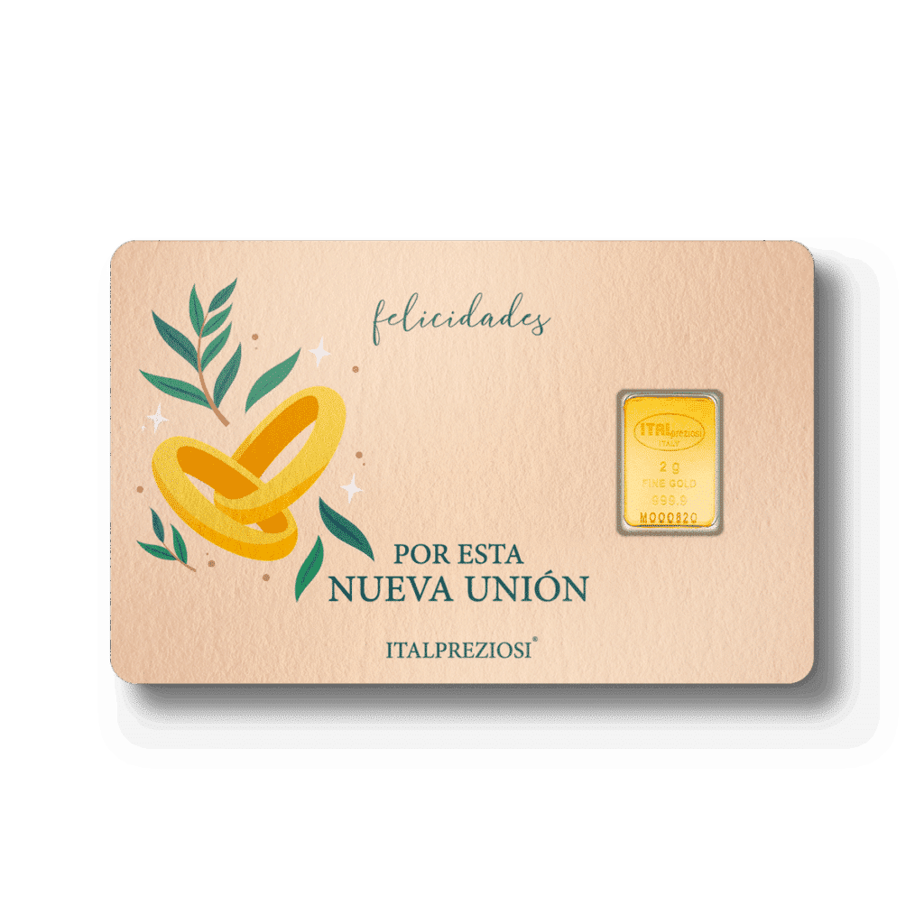Celebra una nueva unión con Boda: un lingote dorado en una tarjeta beige con anillos dorados, hojas y el texto en español "Felicidades por esta nueva unión" e Italpreziosi. Perfecto para bodas o matrimonios.