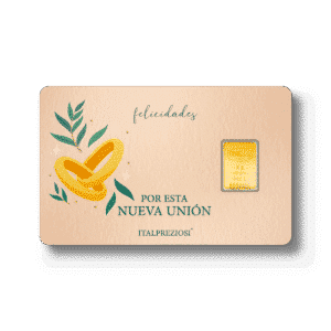 Celebra una nueva unión con Boda: un lingote dorado en una tarjeta beige con anillos dorados, hojas y el texto en español "Felicidades por esta nueva unión" e Italpreziosi. Perfecto para bodas o matrimonios.
