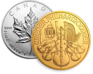 Una moneda de plata de la Hoja de Arce canadiense y una moneda de oro de la Filarmónica de Viena se superponen; la Hoja de Arce muestra un diseño de hojas, mientras que la Filarmónica representa instrumentos orquestales con las palabras WIENER PHILHARMONIKER.