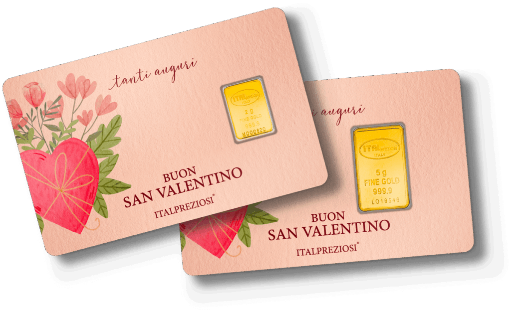 Biglietti regalo San Valentino con un cuore rosso e un disegno floreale, ciascuno con un piccolo lingotto d'oro e il testo "Buon San Valentino" e "Italpreziosi". Perfetti per gli auguri di San Valentino.