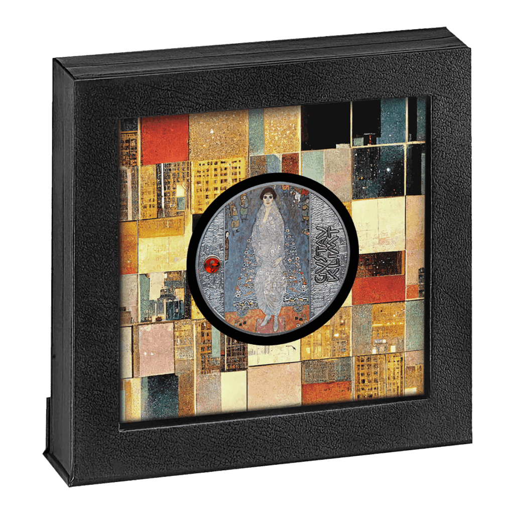 Una vitrina con marco negro exhibe "Retrato de la Baronesa Elisabeth Bachofen-Echt - Gustav Klimt 500 Francos CFA", una obra de arte cuadrada con vibrantes motivos rectangulares y un círculo central con el detallado retrato de una mujer vestida de blanco.