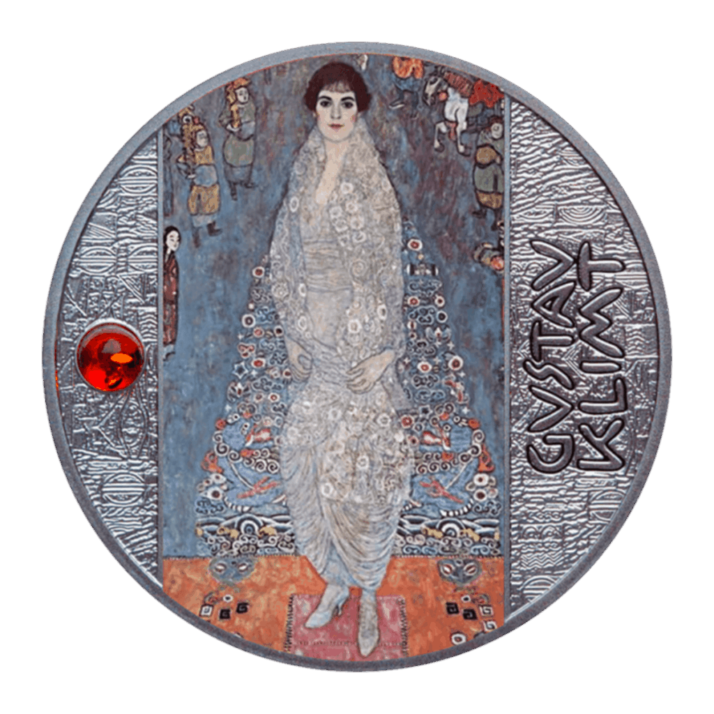 La moneda de 500 francos CFA "Retrato de la Baronesa Elisabeth Bachofen-Echt - Gustav Klimt" muestra un cuadro de una mujer vestida de blanco, el nombre de Klimt a la derecha y una gema roja engastada a la izquierda.