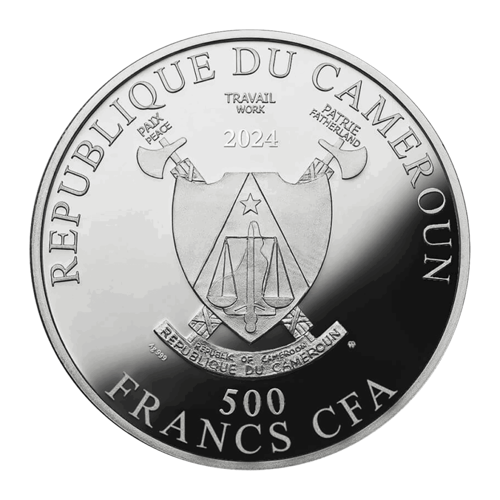 Moneda de plata de Camerún con la efigie "Retrato de la Baronesa Elisabeth Bachofen-Echt" de Gustav Klimt. Texto: REPUBLIQUE DU CAMEROUN, 2024, 500 FRANCS CFA; inscripciones PAIX, TRAVAIL y PATRIE sobre el escudo.