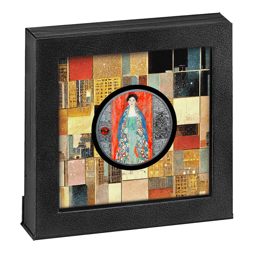 Una cornice nera quadrata mostra il Ritratto della Fräulein Lieser - Gustav Klimt 500 Franchi CFA, con un'elegante donna in abito tradizionale su sfondo rosso, circondata da motivi geometrici in oro, marrone e beige.