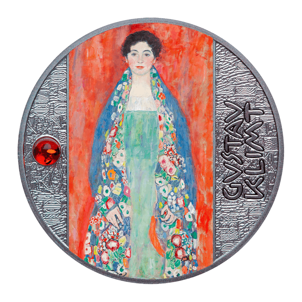 Il Ritratto della Fräulein Lieser - Gustav Klimt da 500 Franchi CFA presenta un ritratto colorato di una donna in abito verde con scialle floreale, una gemma rossa sulla sinistra e GUSTAV KLIMT inciso su argento testurizzato.