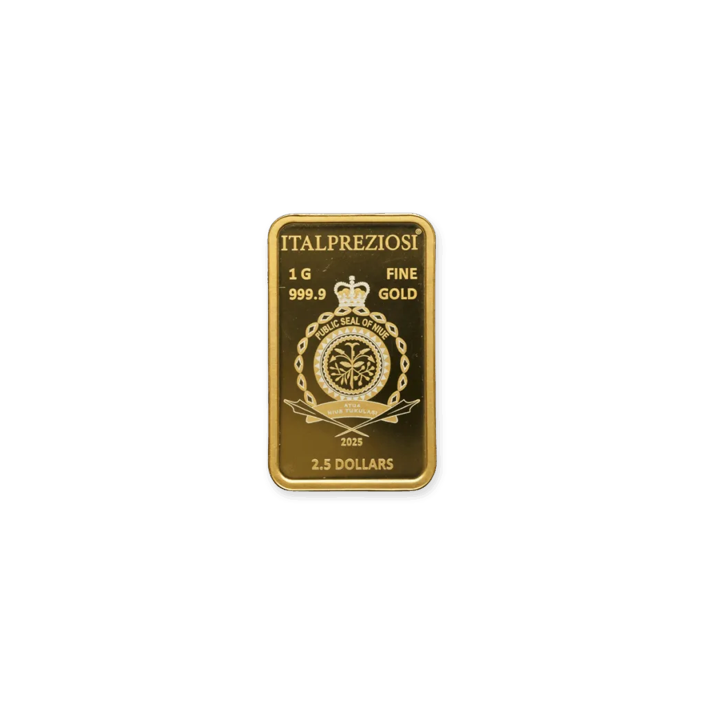 Il Multipack oro 10 x 1 gr comprende lingotti d'oro rettangolari 1 gr ciascuno di Italpreziosi, contrassegnati dalla dicitura "ORO 999,9 FINE" con emblema coronato, corona, stella, anno 2023 e taglio da 2,5 dollari su ciascun lingotto.