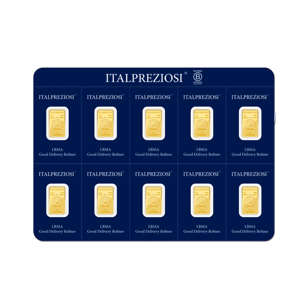 Multipack di 10 lingottini in oro da 1 grammo ciascuno, in un unico blister blu che riporta il marchio Italpreziosi