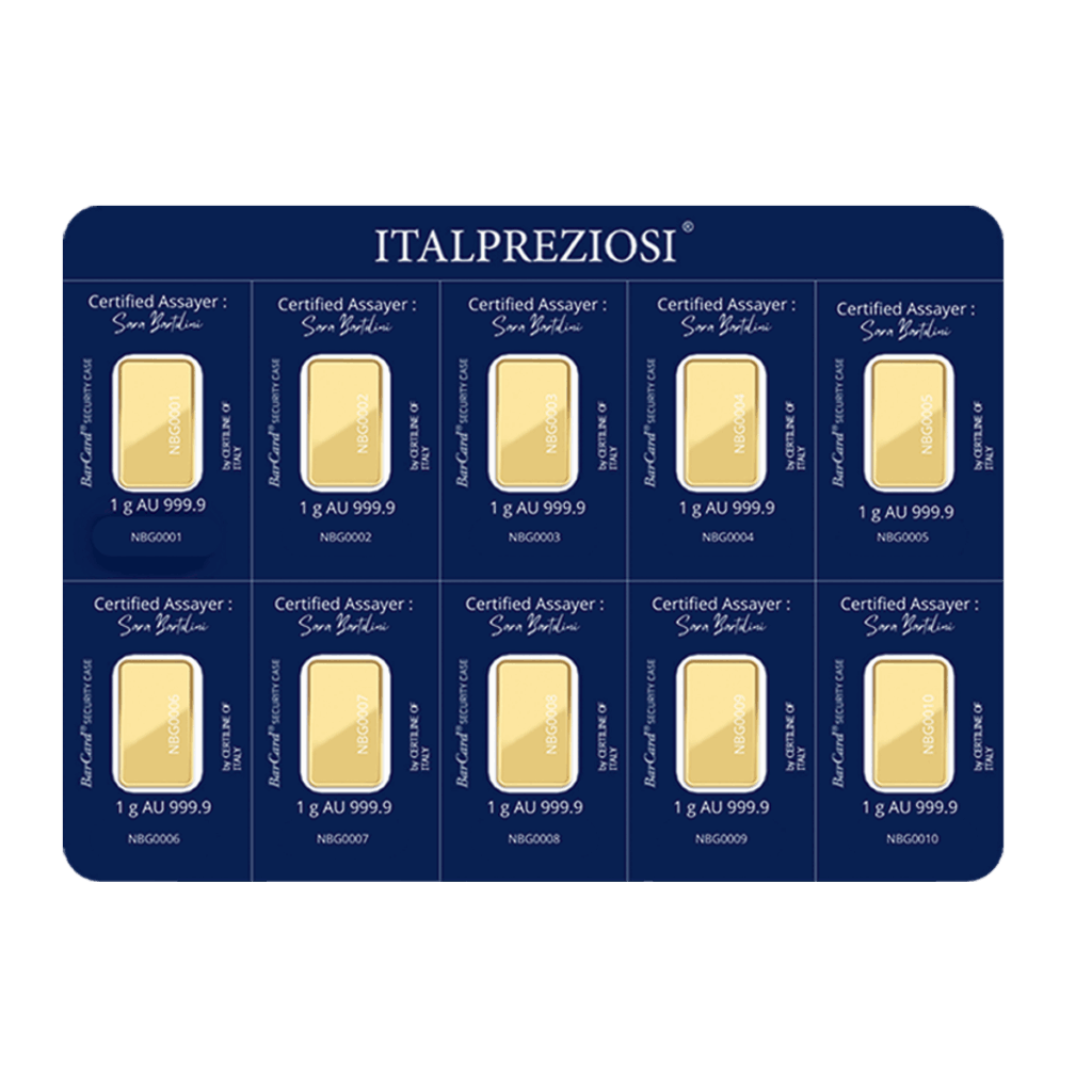 Il Multipack oro 10 x 1 gr di Italpreziosi presenta dieci lingotti d'oro da 1 gr di oro fino 999,9 su un cartoncino blu, disposti su due file da cinque.