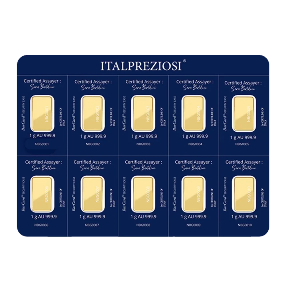 Il Multipack oro 10 x 1 gr di Italpreziosi presenta dieci lingotti d'oro da 1 gr di oro fino 999,9 su un cartoncino blu, disposti su due file da cinque.