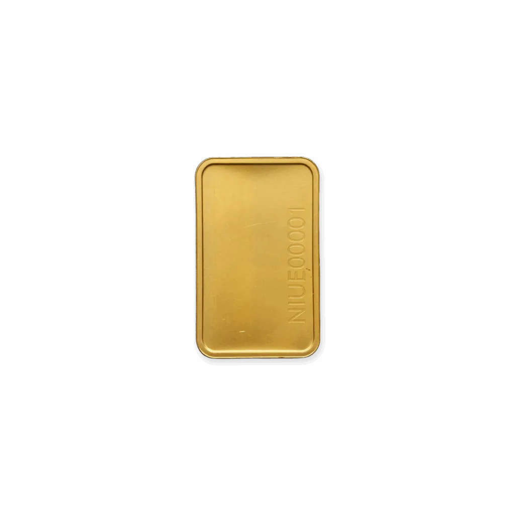 Multipack oro 10 x 1 gr con dieci lingotti d'oro rettangolari a bordi lisci, ciascuno con l'iscrizione NIUE00001 sulla destra, su sfondo bianco.