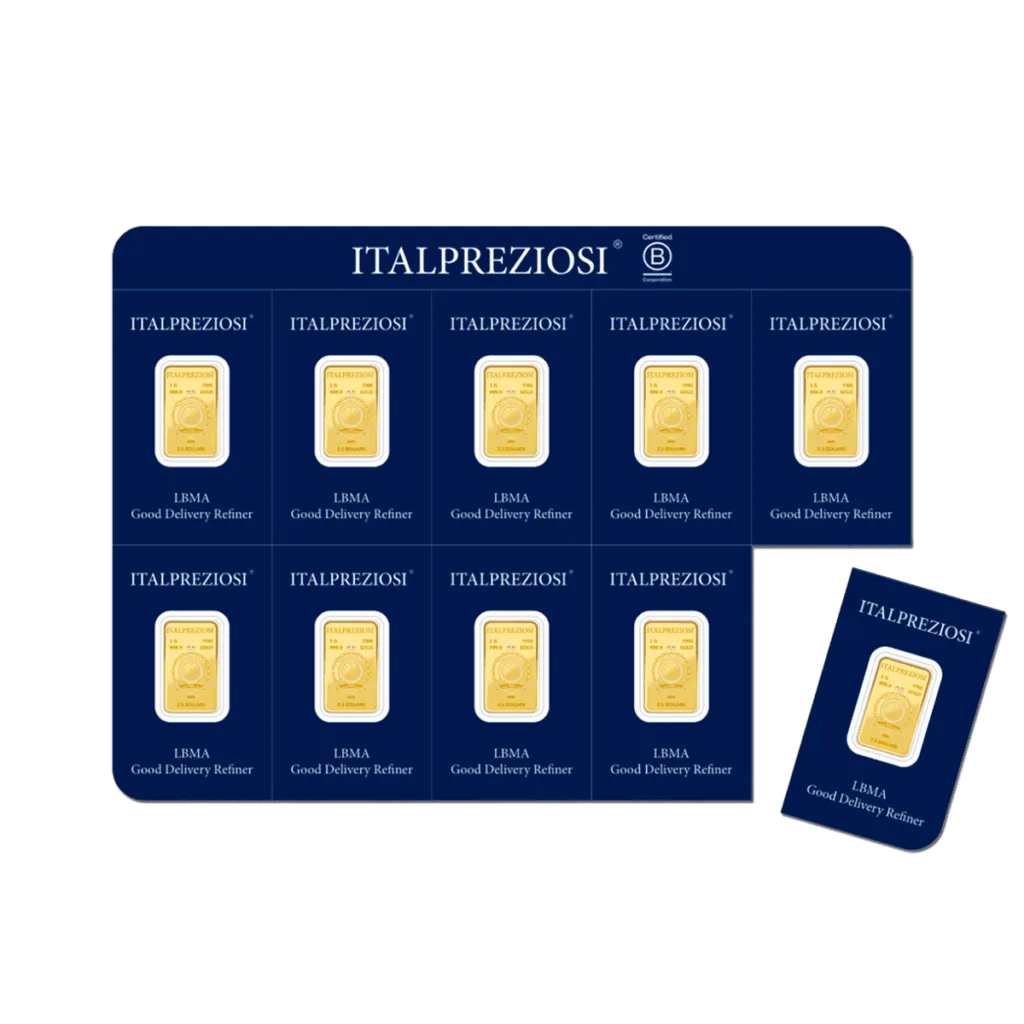Multipack di 10 lingottini in oro da 1 grammo ciascuno, in un unico blister blu che riporta il marchio Italpreziosi