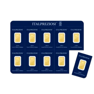 Multipack di 10 lingottini in oro da 1 grammo ciascuno, in un unico blister blu che riporta il marchio Italpreziosi