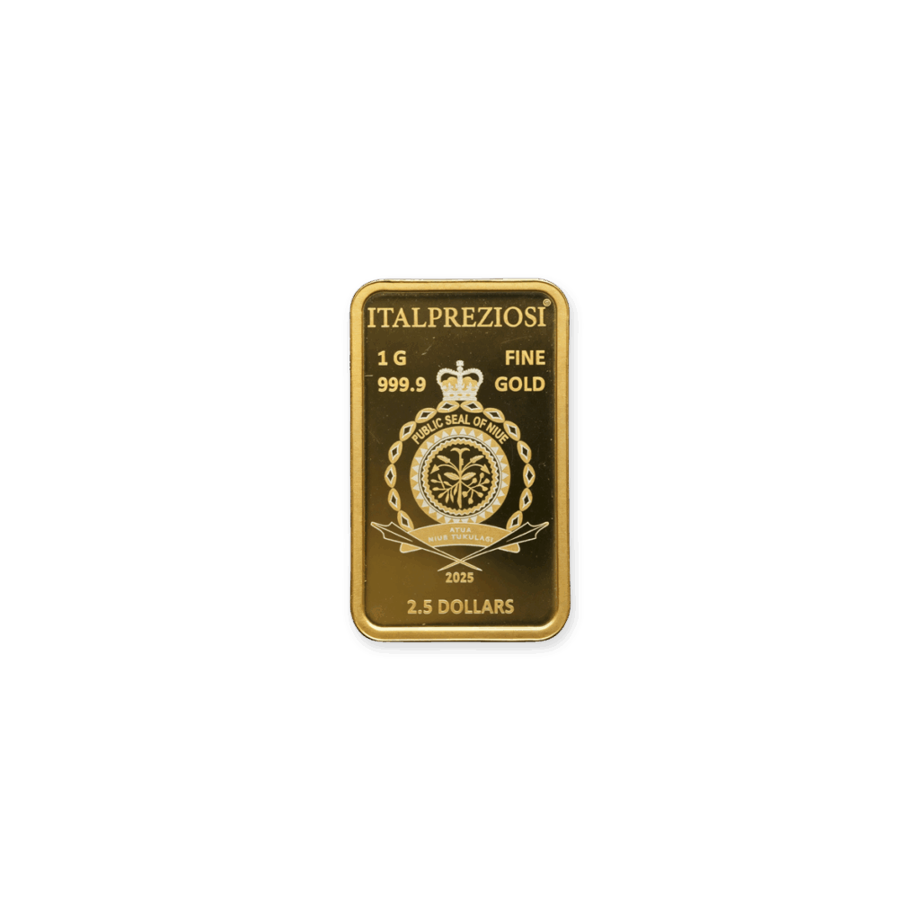 Un lingotto Multipack oro 15 x 1 gr con bordi arrotondati presenta ITALPREZIOSI, 1 G, ORO 999,9 FINE, un emblema decorativo, 2023 e 2,5 DOLLARI incisi su sfondo bianco.