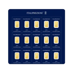 Multipack di 15 lingottini in oro da 1 grammo ciascuno, in un unico blister blu che riporta il marchio Italpreziosi