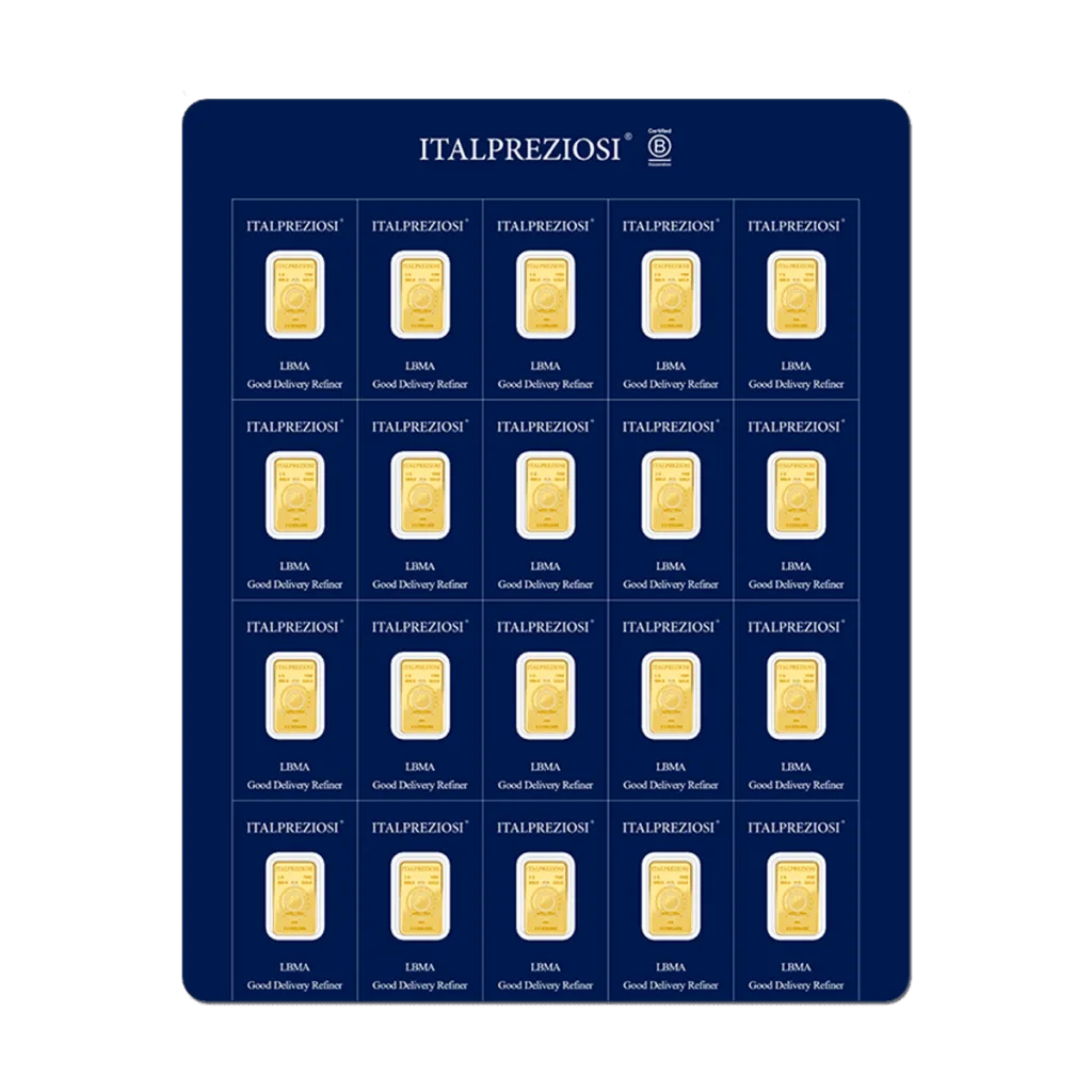 Multipack di 20 lingottini in oro da 1 grammo ciascuno, in un unico blister blu che riporta il marchio Italpreziosi