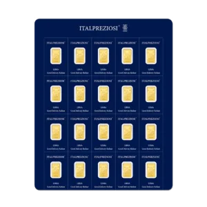Multipack di 20 lingottini in oro da 1 grammo ciascuno, in un unico blister blu che riporta il marchio Italpreziosi