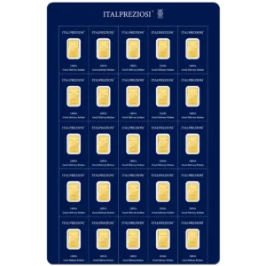 Multipack di 25 lingottini in oro da 1 grammo ciascuno, in un unico blister blu che riporta il marchio Italpreziosi