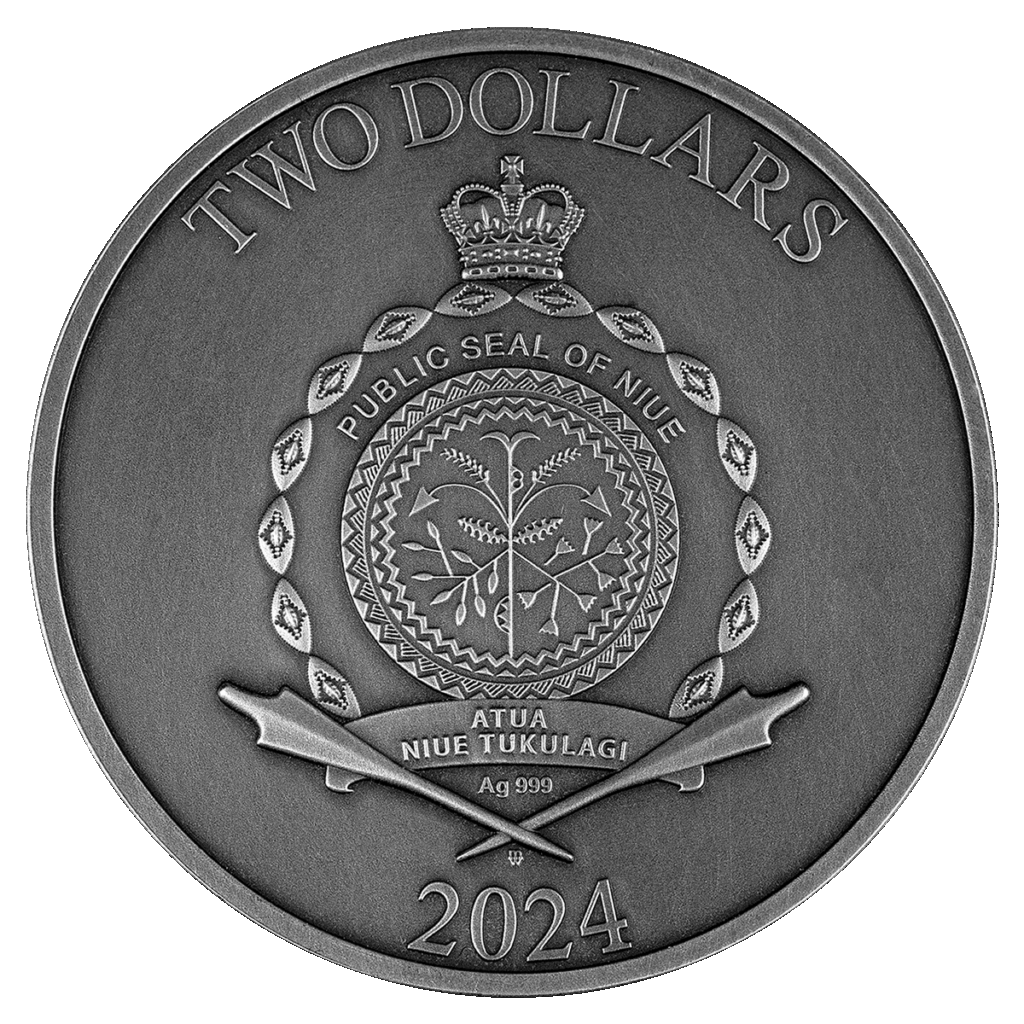 La moneda de plata Calendario Lunar de 2 Dólares muestra "TWO DOLLARS" en la parte superior, "2024" en la parte inferior, y muestra el Sello Público de Niue con "ATUA NIUE TUKULAGI" y lanzas cruzadas en el centro.