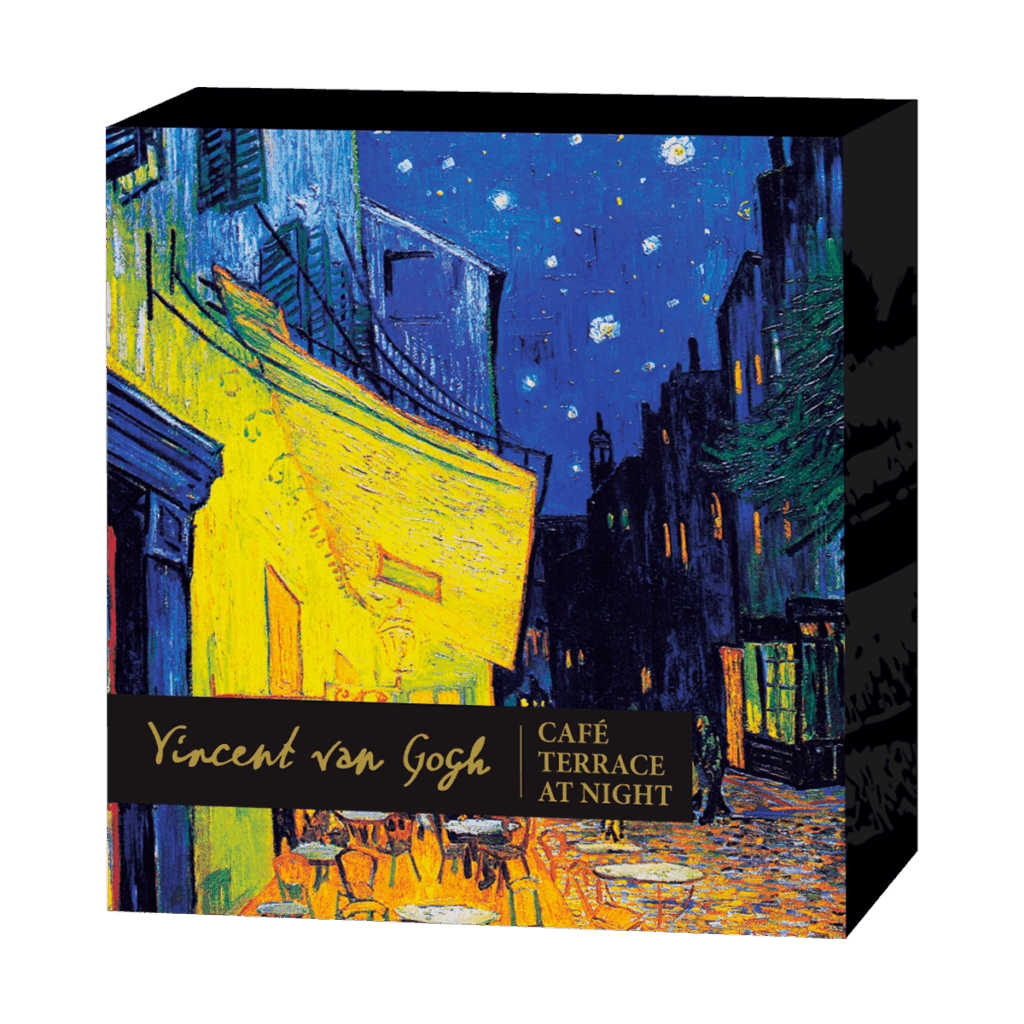 Scatola colorata con il "Caffè Terrazza di Notte" di van Gogh, con un caffè giallo vibrante sotto un cielo stellato; include il nome dell'artista e il titolo del dipinto in oro. Prodotto: Vincent van Gogh - Caffè Terrazza di Notte 2 Dollari.