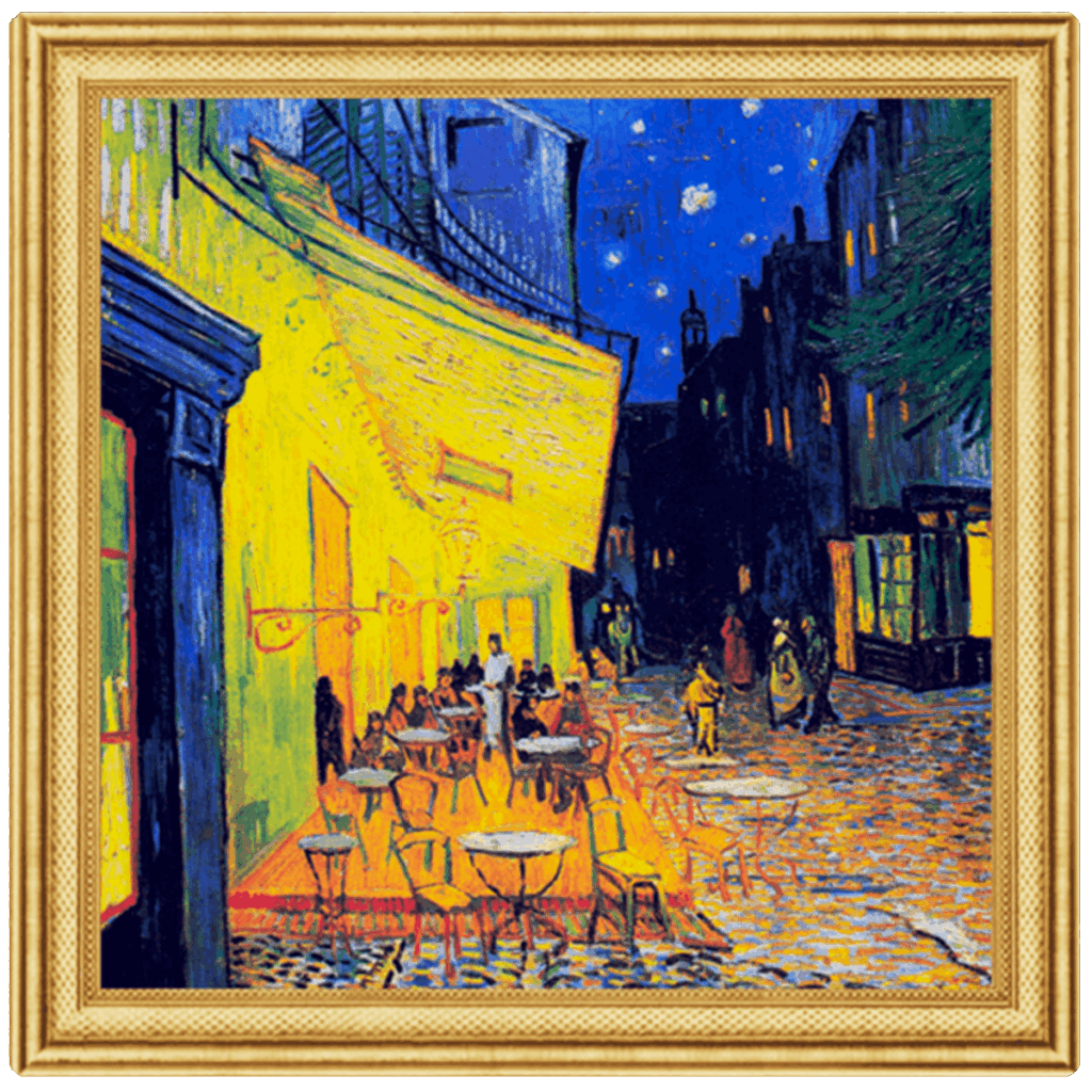 Vincent van Gogh - Caffè Terrazza di Notte 2 Dollari: Quadro incorniciato di un vivace caffè all'aperto di notte, che risplende di luce gialla sotto un cielo stellato, nello stile iconico di Van Gogh.