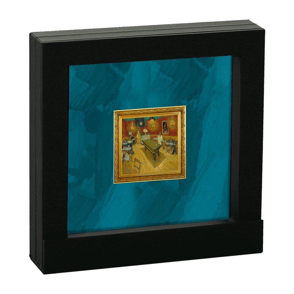 Vincent van Gogh - La Cafetería Nocturna 1 Dólar se presenta en un marco negro profundo, como una caja, contra un verde azulado texturizado, dando al pequeño cuadro enmarcado de una habitación ricamente decorada una sorprendente presentación tridimensional.