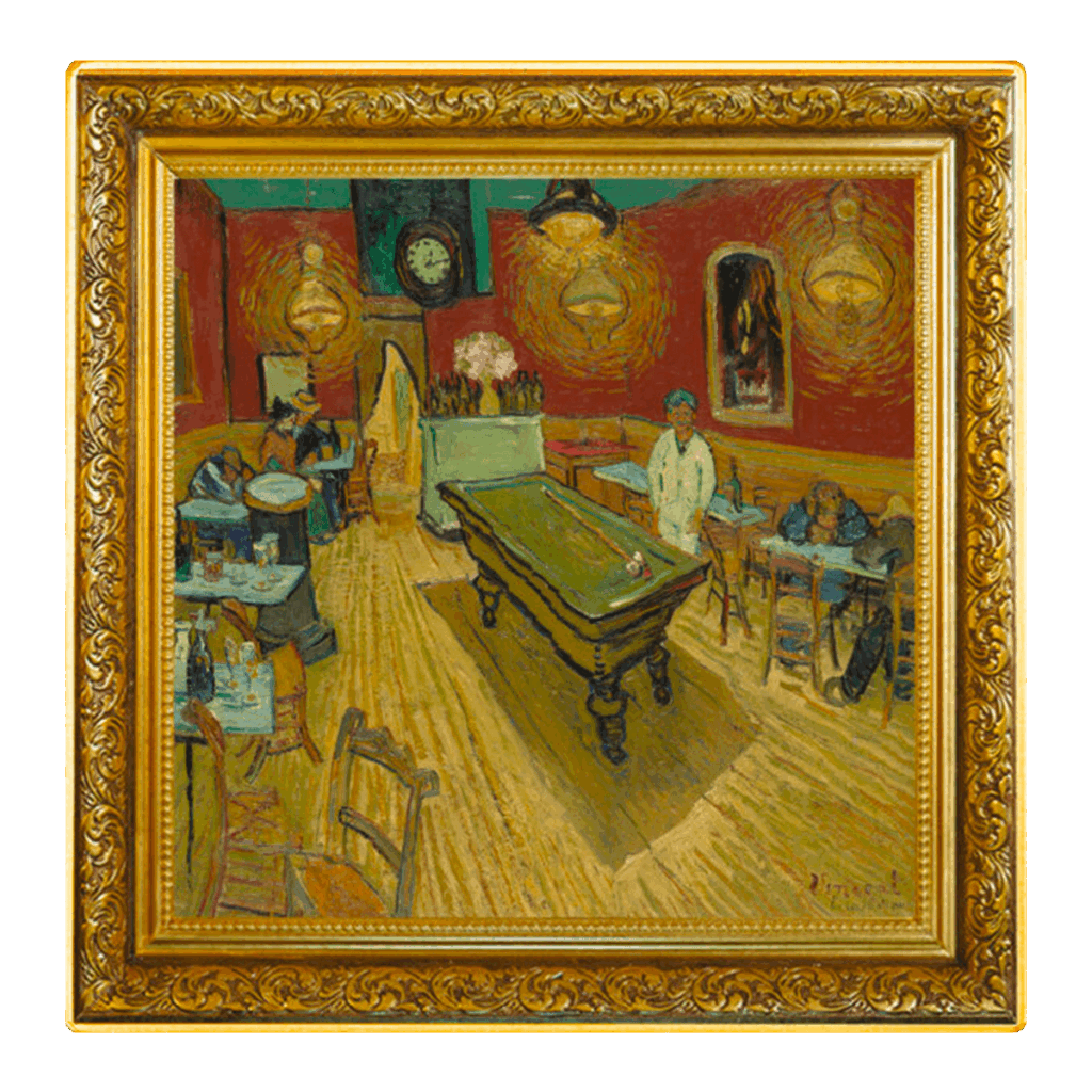 La obra enmarcada "Vincent van Gogh - La Cafetería Nocturna 1 Dólar" muestra una tenue cafetería con una mesa de billar central, clientes sentados a las mesas y una cálida iluminación amarilla contra paredes rojas y verdes, creando un ambiente tranquilo y reflexivo.