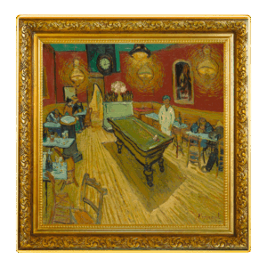 La obra enmarcada "Vincent van Gogh - La Cafetería Nocturna 1 Dólar" muestra una tenue cafetería con una mesa de billar central, clientes sentados a las mesas y una cálida iluminación amarilla contra paredes rojas y verdes, creando un ambiente tranquilo y reflexivo.