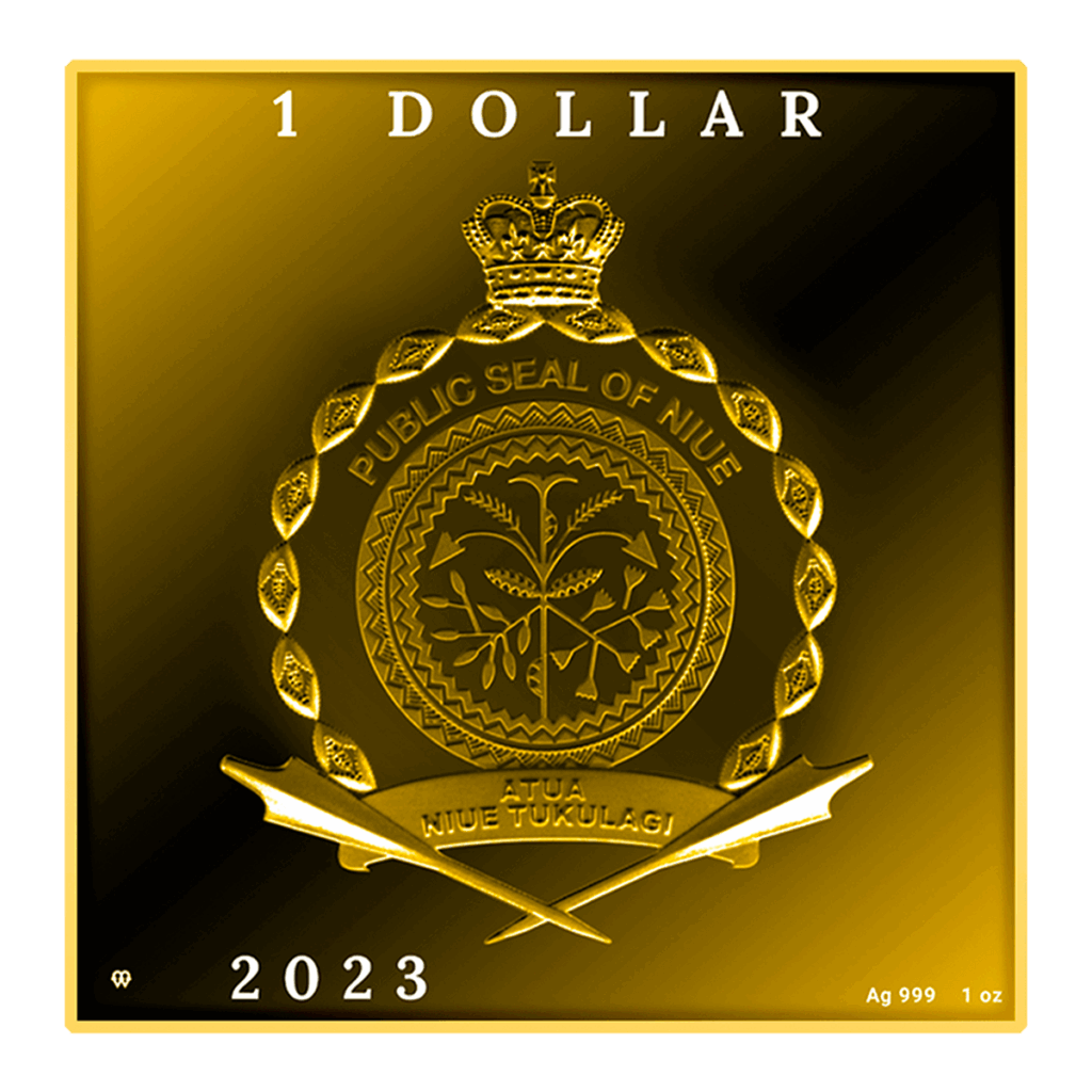 Moneda cuadrada de color dorado titulada "Vincent van Gogh - La Cafetería Nocturna 1 Dólar", en la que figura el Sello Público de Niue con una corona, un escudo, espadas cruzadas e inscripciones: 1 DÓLAR, 2023, AG 999, y 1 oz.