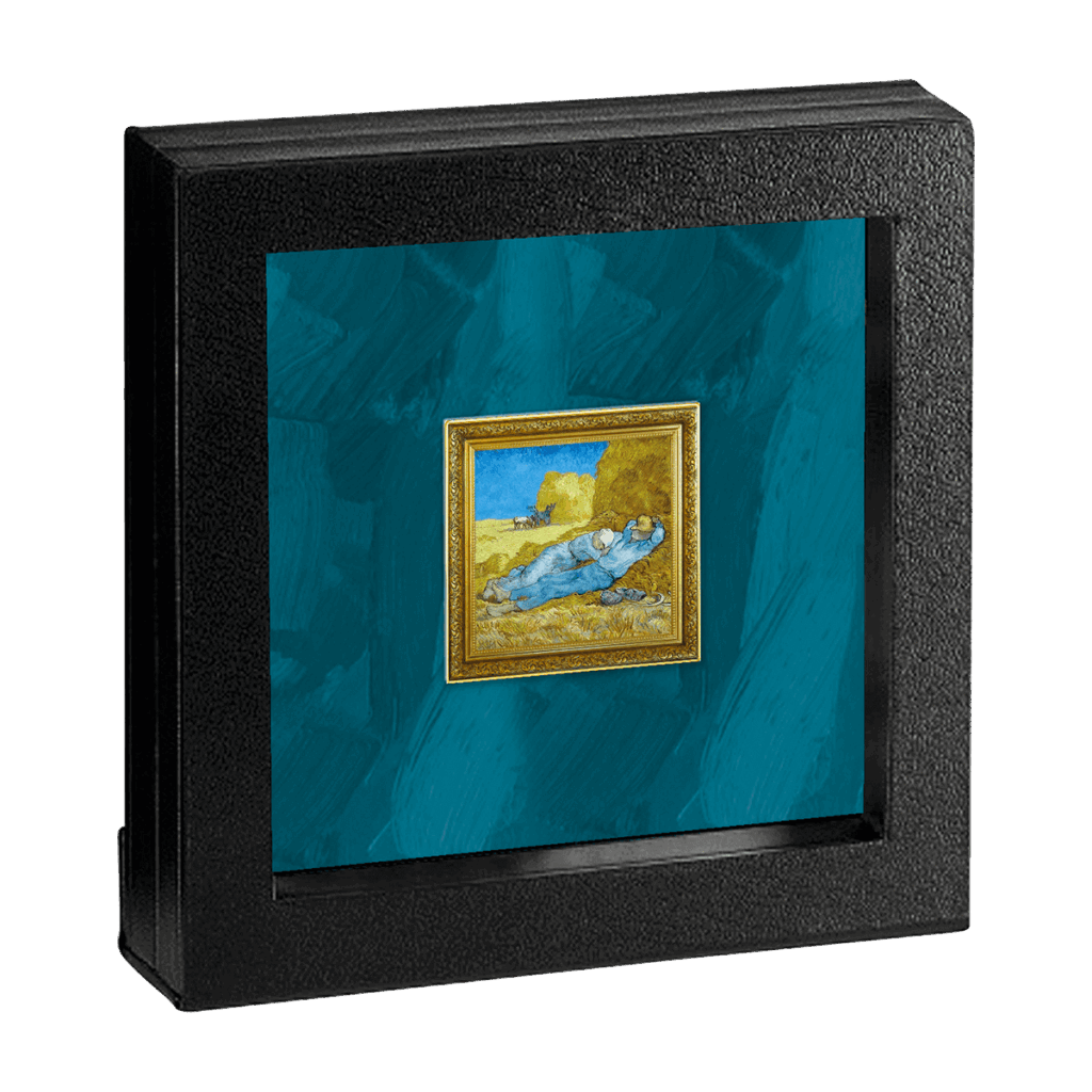 Una vitrina con marco negro exhibe el Vincent van Gogh - Siesta 1 Dólar: un pequeño cuadro con marco dorado que muestra a una persona vestida de azul descansando en el suelo con un fondo abstracto de vivos colores azul y amarillo.