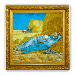Vincent van Gogh - Siesta 1 Dólar representa a dos campesinos durmiendo la siesta sobre pajares en un campo amarillo bajo un cielo azul, con caballos y un carro al fondo, todo ello enmarcado por una orla dorada.