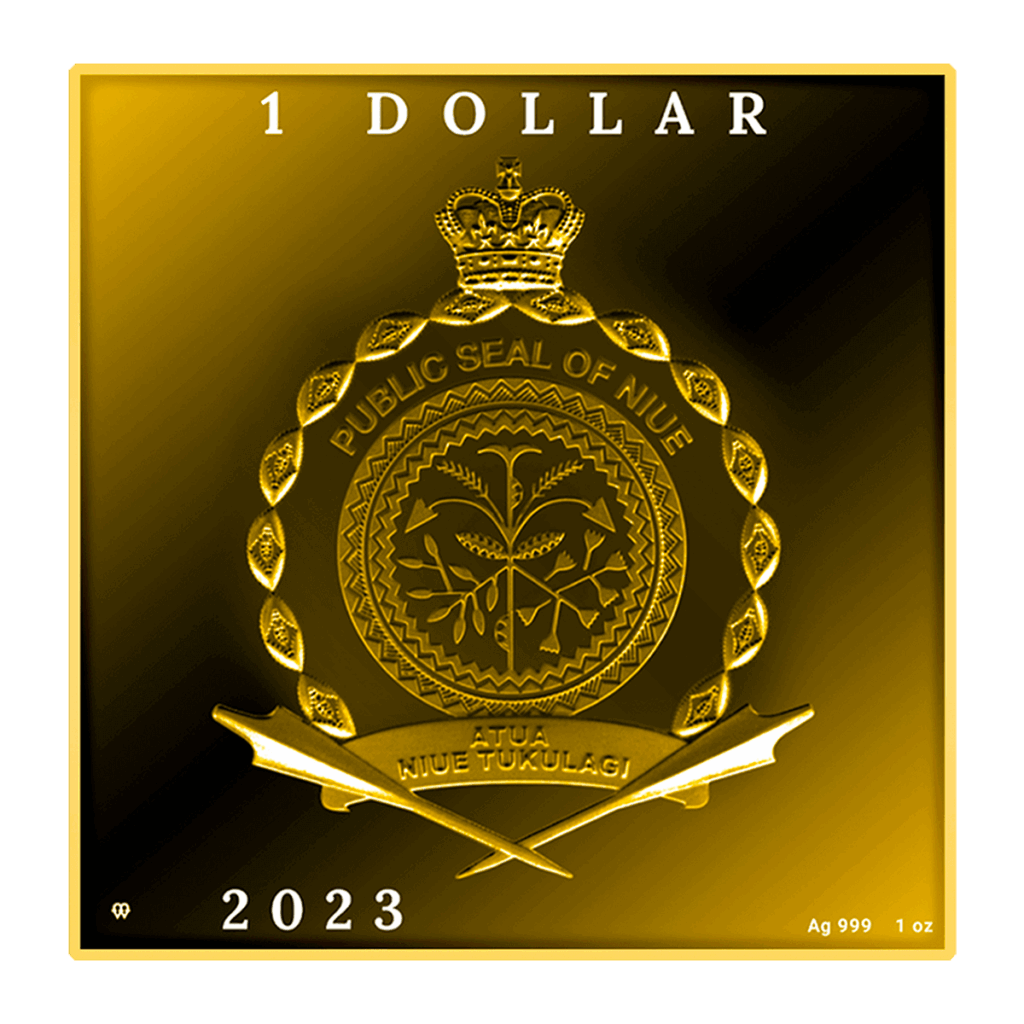 Moneda de oro denominada "Vincent van Gogh - Siesta 1 Dólar", con el Sello Público de Niue con una corona, lanzas cruzadas y texto en el canto: "1 Dólar", "2023" y "Ag 999 1 oz.