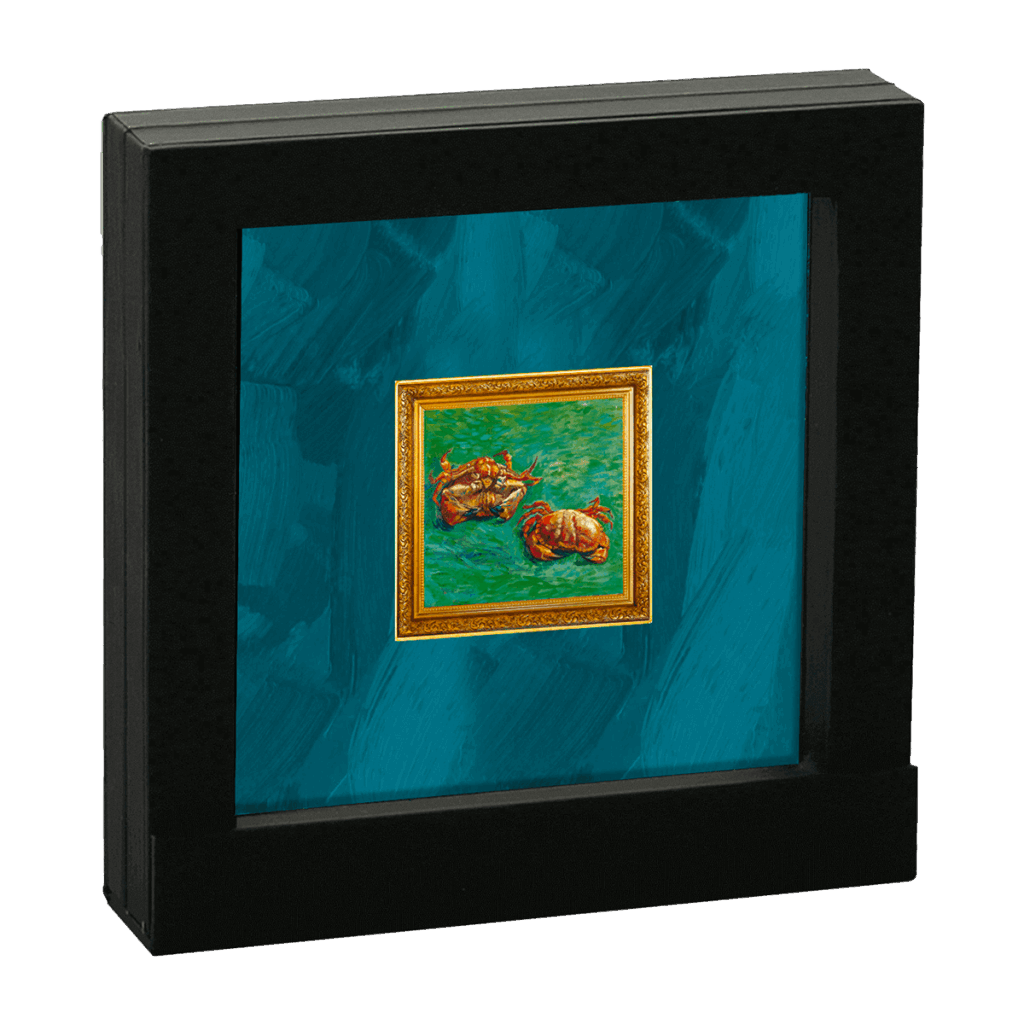Una obra de arte enmarcada titulada "Vincent van Gogh - Dos Cangrejos 1 Dólar" muestra dos conchas marinas sobre fondo verde, con un pequeño marco dorado, sobre un fondo de textura azul oscuro y dentro de un grueso marco negro.