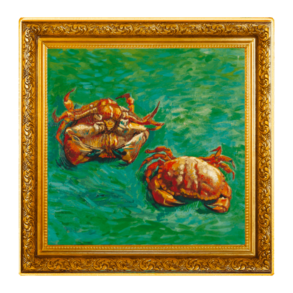 La obra de arte enmarcada "Vincent van Gogh - Dos Cangrejos 1 Dólar" presenta dos cangrejos sobre una superficie azul verdosa, pintados con pinceladas atrevidas y colores vivos, y se complementa con un marco dorado ornamentado.