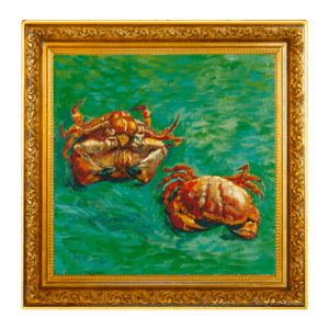 La obra de arte enmarcada "Vincent van Gogh - Dos Cangrejos 1 Dólar" presenta dos cangrejos sobre una superficie azul verdosa, pintados con pinceladas atrevidas y colores vivos, y se complementa con un marco dorado ornamentado.