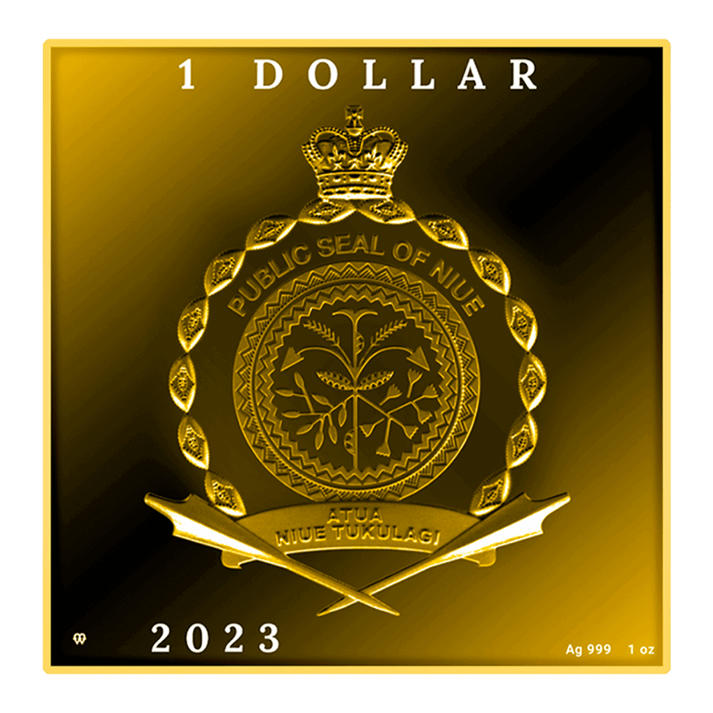 La moneda de color dorado y forma cuadrada denominada Vincent van Gogh - Dos Cangrejos 1 Dólar presenta el sello público de Niue en el centro, la leyenda 1 DOLLAR, 2023, Ag 999 1 oz, y ATUA NIUE TUKULAGI en la parte inferior.