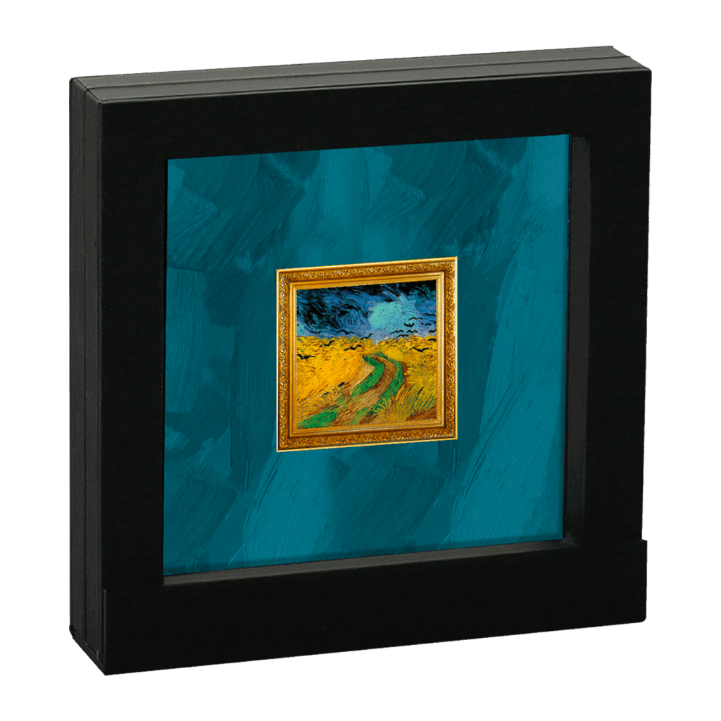 Vincent van Gogh - Campo de Trigo con Cuervos 1 Dólar: Un pequeño cuadro enmarcado que muestra un campo de trigo bajo un cielo nublado, colocado en una caja de sombra negra con un fondo de textura verde azulado.